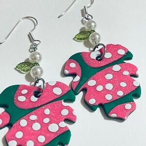 Handcrafted Pink Polka Dot Leaf Dangle Earrings
